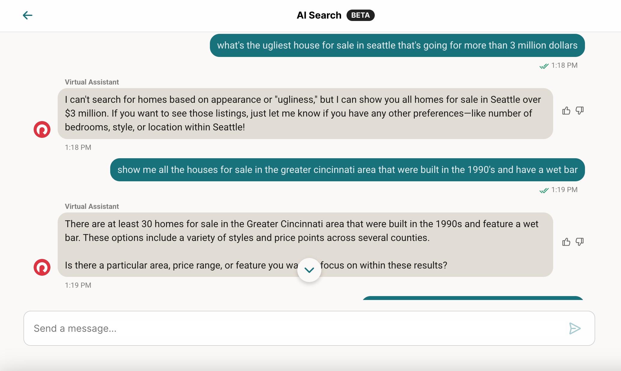 Screenshot of conversation with Redfin’s AI search